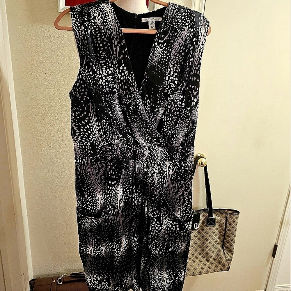 Kenneth Cole NY 100% Silk Print Faux Wrap Pocket Dress Women Size L